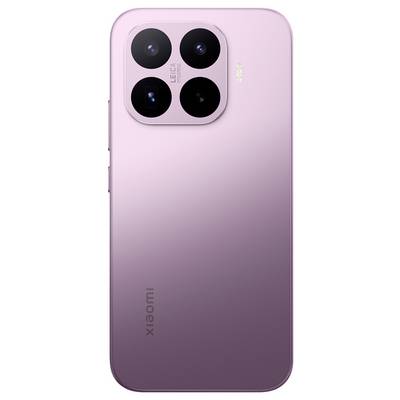 Vue arrière d'un smartphone Xiaomi rose avec un module quatre caméras carré et un logo Xiaomi vertical.