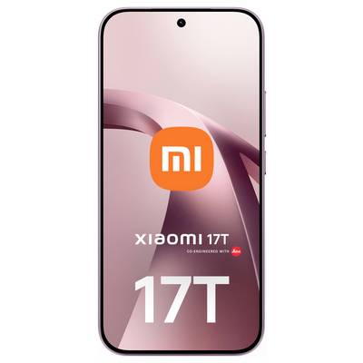 Vue de face d'un smartphone Xiaomi 17T avec écran rose affichant le logo 'mi' et le nom du modèle 'xiaomi 17T' ainsi qu'un grand texte '17T'.