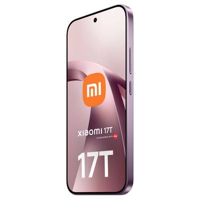 Vue de face du smartphone Xiaomi 17T avec écran rose, logo MI centré et texte « 17T » sur l'écran.