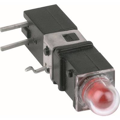 Gros plan d'un bouton-poussoir noir à montage en panneau avec deux broches métalliques et un embout de bouton illuminé rouge.