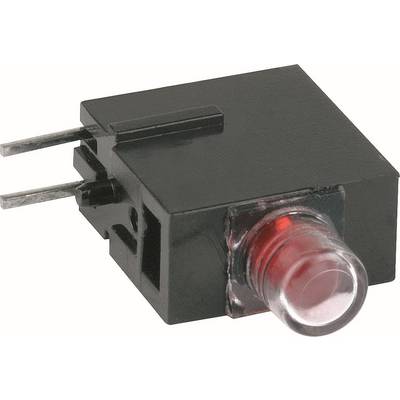 Gros plan d'un composant électronique noir de forme rectangulaire avec deux broches métalliques et une lentille de LED rouge à l'avant.