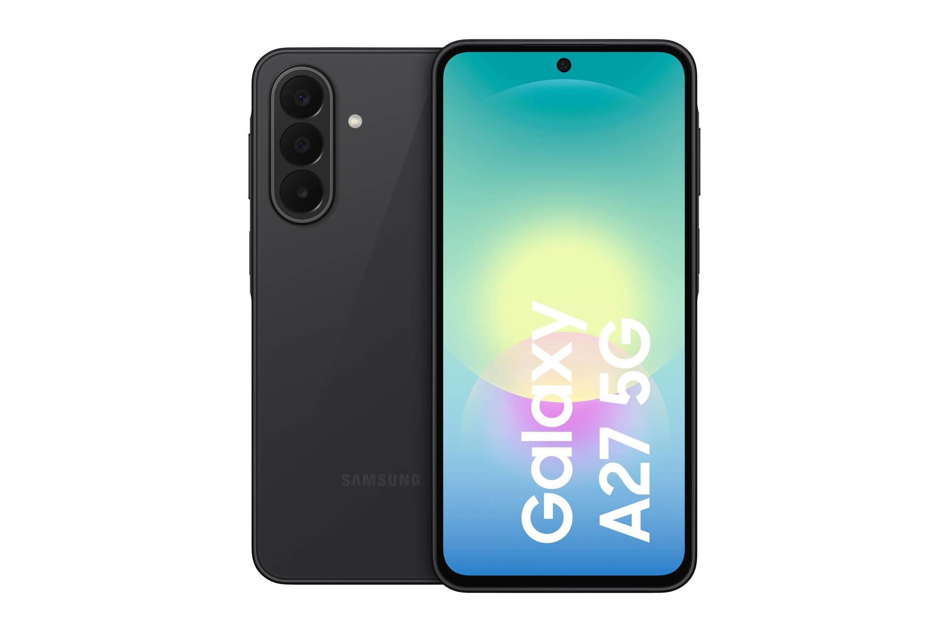 Vue de face et de dos d'un smartphone Samsung Galaxy A27 5G noir, montrant la triple caméra arrière et l'écran avec le nom du modèle affiché.
