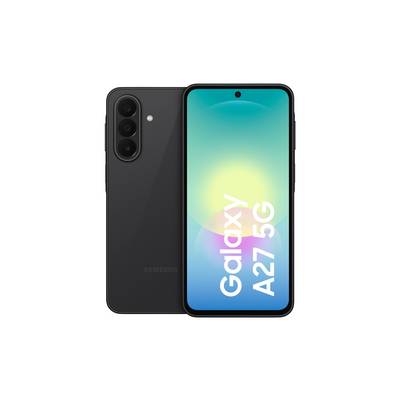 Vue de face et de dos d'un smartphone Samsung Galaxy A27 5G noir, montrant la triple caméra arrière et l'écran avec le nom du modèle affiché.