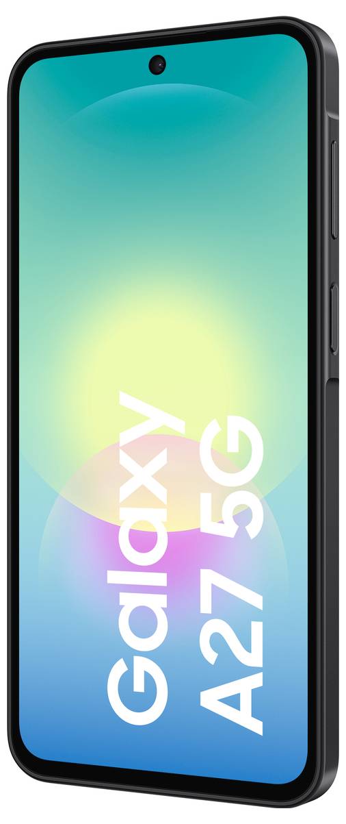Vue de face d'un smartphone Samsung Galaxy A27 5G avec un écran dégradé coloré et une caméra à poinçon centrée.