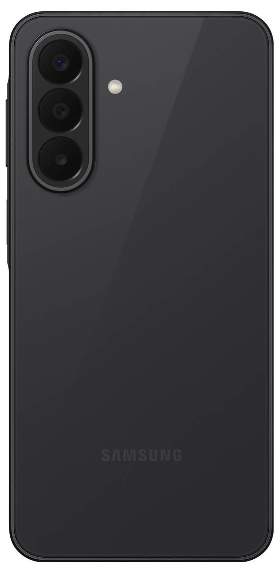 Vue arrière d'un smartphone Samsung noir avec un module de triple caméra arrière et un flash dans le coin supérieur gauche.