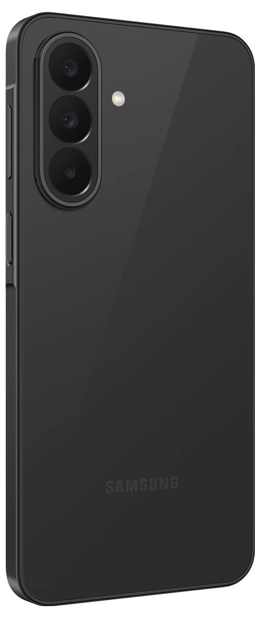 Dos d'un smartphone Samsung noir avec un triple appareil photo arrière dans un module vertical et un petit flash à côté.