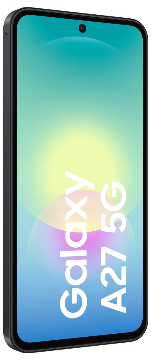 Téléphone intelligent Samsung Galaxy A27 5G présenté en noir, vue de face avec écran dégradé de bleu-vert à bleu et grand texte vertical « Galaxy A27 5G ».