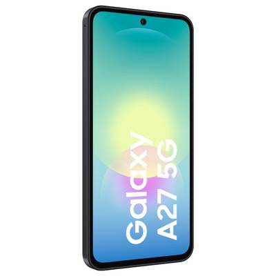 Téléphone intelligent Samsung Galaxy A27 5G présenté en noir, vue de face avec écran dégradé de bleu-vert à bleu et grand texte vertical « Galaxy A27 5G ».