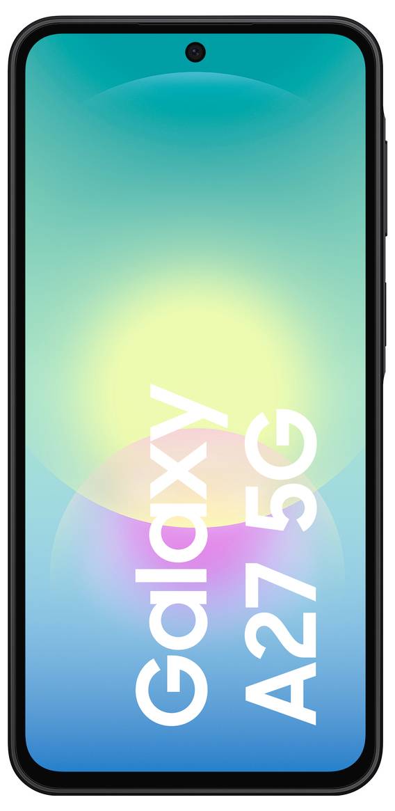 Vue de face d'un smartphone Samsung Galaxy A27 5G avec un écran en dégradé bleu affichant « Galaxy A27 5G ».