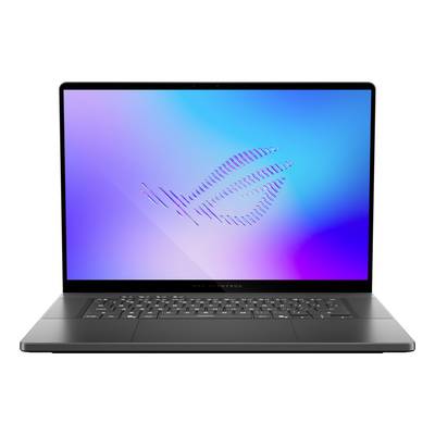 Vue de face d'un ordinateur portable ASUS ROG ouvert avec un écran dégradé bleu-violet affichant le logo ROG.