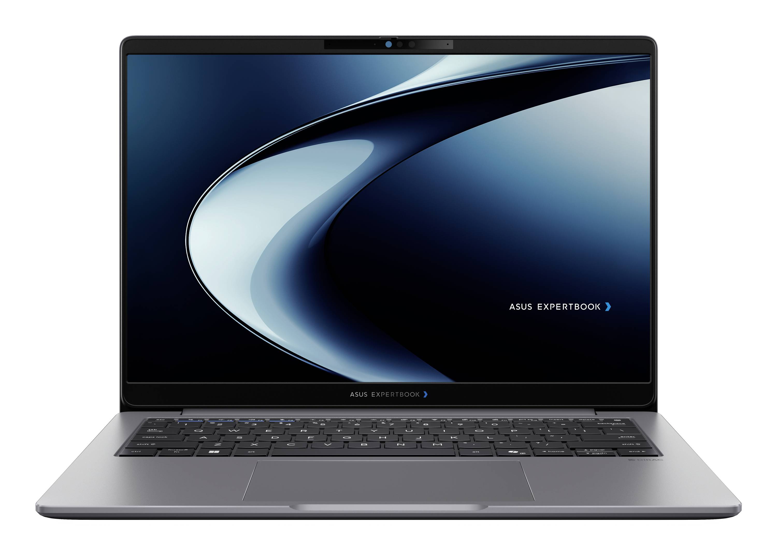 Vue de face d'un ordinateur portable ASUS ExpertBook avec un fond d'écran abstrait bleu affiché sur l'écran, présenté ouvert sur un fond blanc.