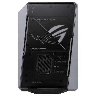 Vue de face d'une tour PC de bureau ASUS ROG avec un panneau transparent foncé, un logo Republic of Gamers illuminé et des accents latéraux gris angulaires.