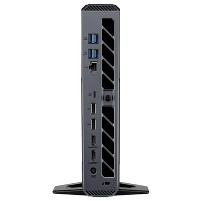 Mini PC compact présenté verticalement, avec ports frontaux incluant deux USB-A, USB-C, deux HDMI, prise casque, et une grande grille de ventilation latérale.