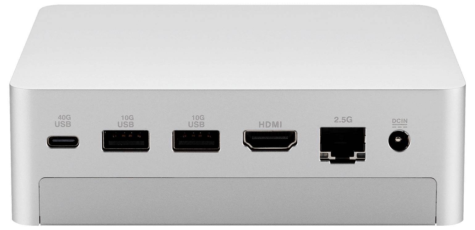Vue arrière d'un mini PC argenté montrant des ports étiquetés 40G USB, 10G USB, 10G USB, HDMI, Ethernet 2.5G et Alimentation DC.