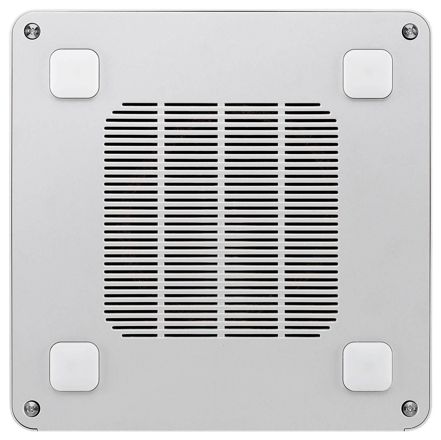 Vue inférieure d'un appareil électronique argenté avec une grille de ventilation centrale, quatre pieds en caoutchouc et des vis aux angles.