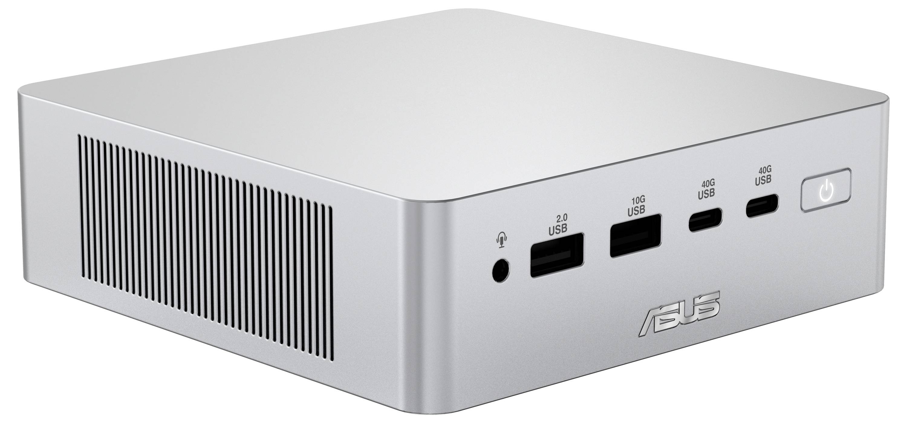 Mini PC ASUS argenté avec prise casque frontale, quatre ports USB et bouton d'alimentation ; fentes de ventilation latérales.