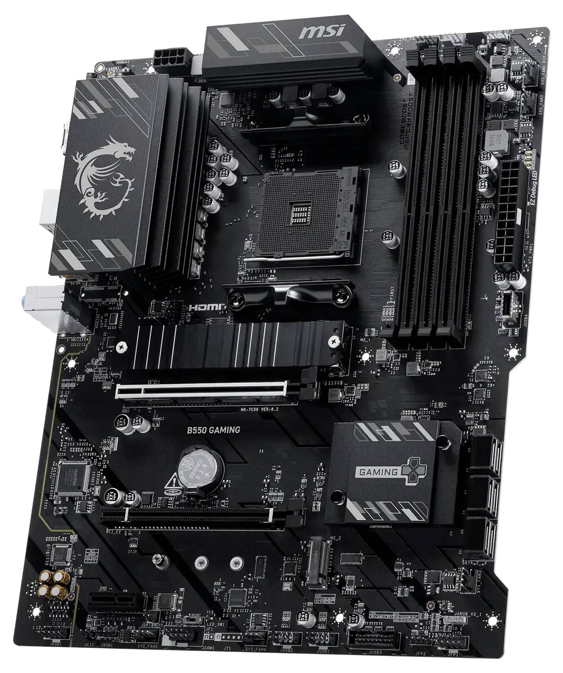 Carte mère MSI B550 Gaming ATX avec socket CPU AM4, emplacements RAM DDR4, connecteurs PCIe, dissipateurs thermiques et ports d'E/S arrière sur une carte noire.