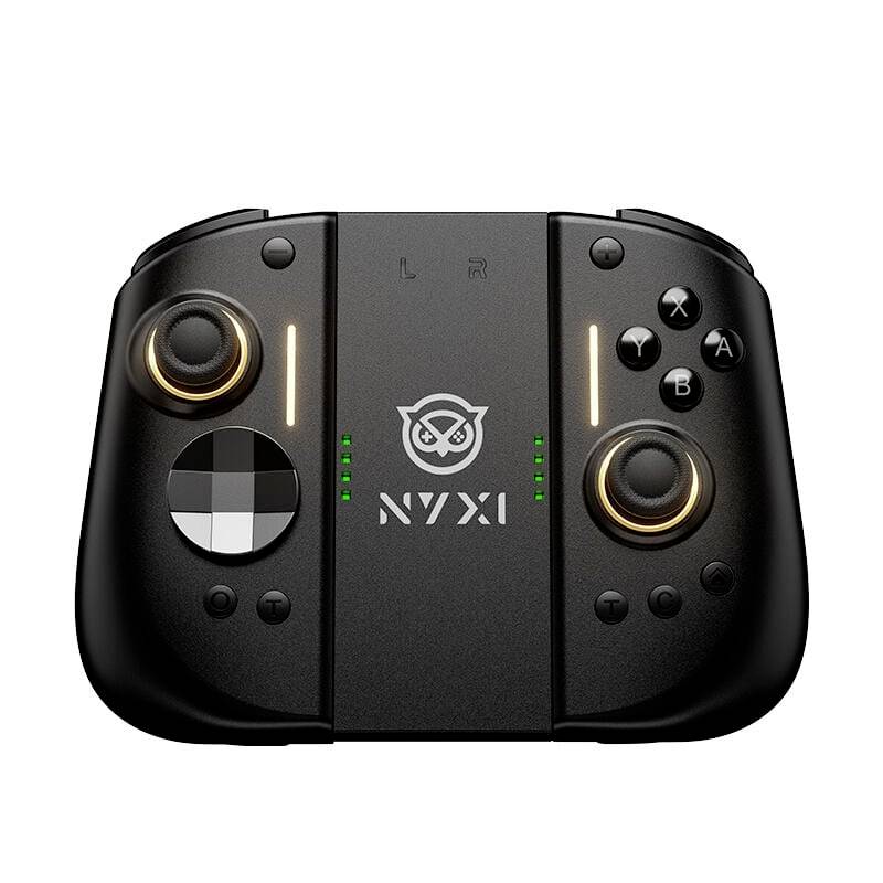 Manette de jeu portable NVXI noire avec deux sticks analogiques, D-pad, boutons de face et voyants d'état illuminés.