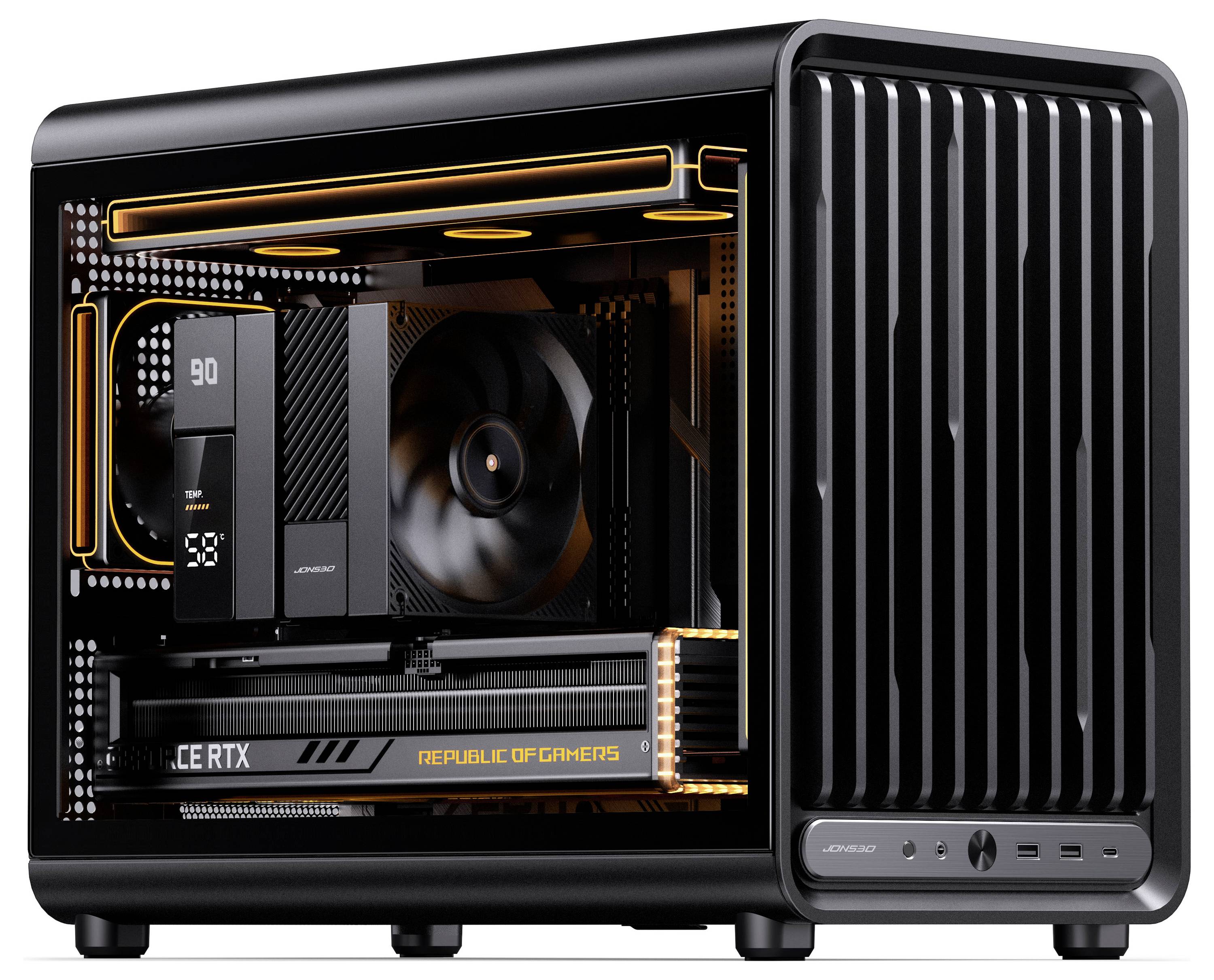 Boîtier de PC de jeu de bureau noir avec panneau latéral transparent, accents orange illuminés, et composants internes visibles comprenant un refroidisseur de processeur, un ventilateur et une carte graphique.