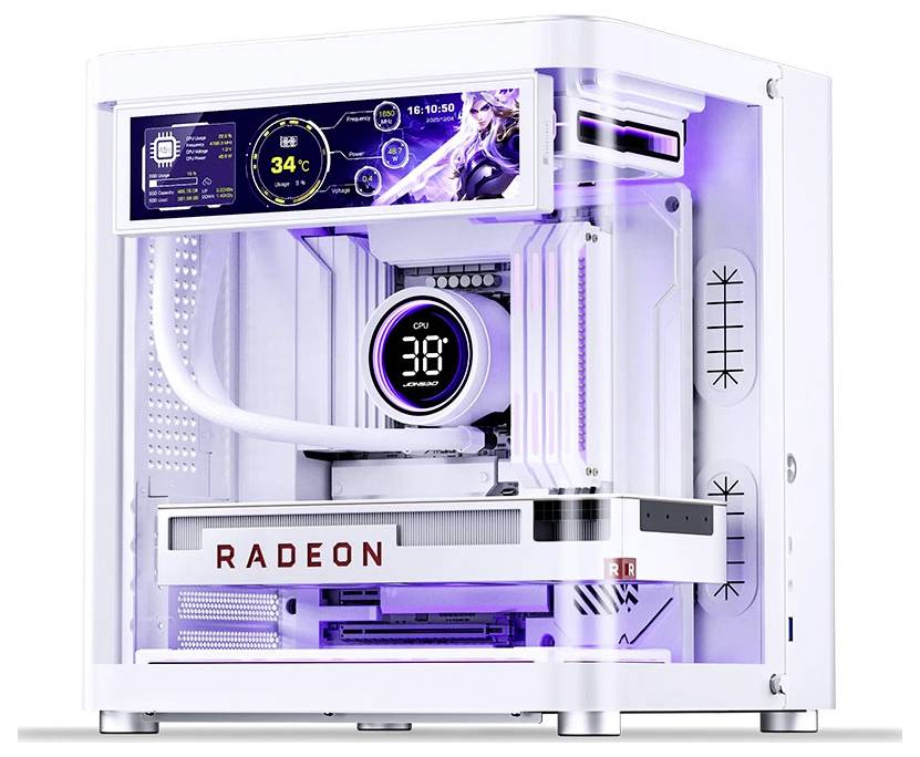 Tour d'ordinateur de bureau blanc avec panneau latéral en verre, éclairage violet, affichage du refroidissement liquide indiquant 38°C et une carte graphique Radeon installée.
