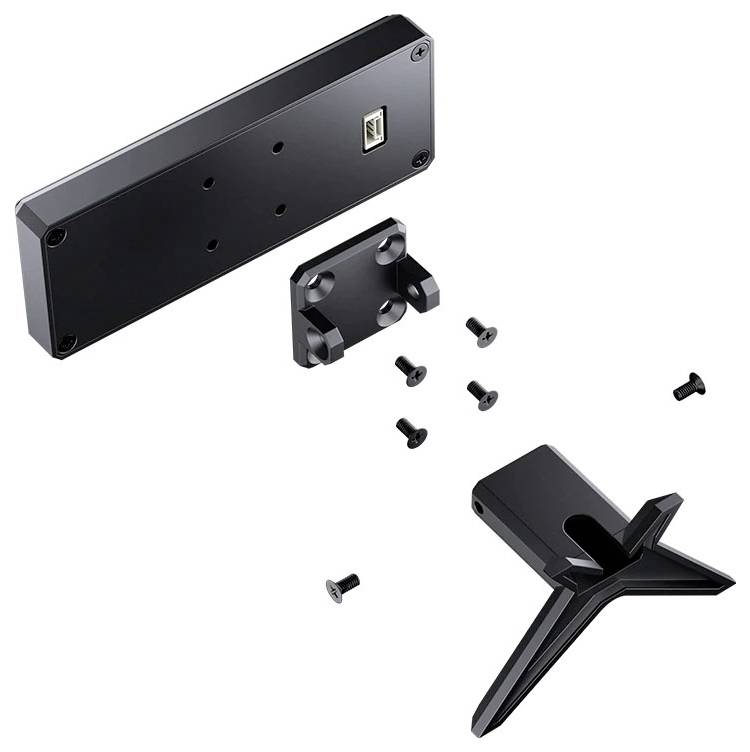 Kit de support mural noir avec plaque arrière rectangulaire, petite plaque de connecteur, vis et base de support en forme de V présentés sur fond blanc.