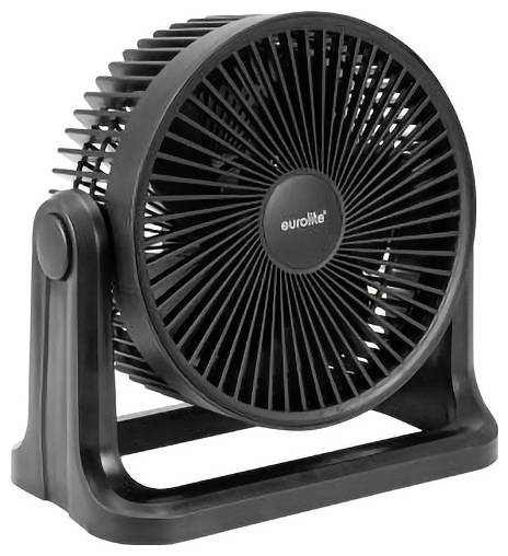 Ventilateur de table Eurolite noir avec grille ronde et inclinaison ajustable sur un support en forme de U, présenté sur un fond blanc.