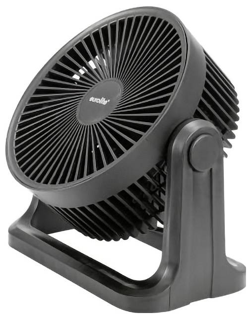 Ventilateur portable noir incliné sur un support, avec une grille avant ronde et un pivot réglable, présenté sur fond blanc.