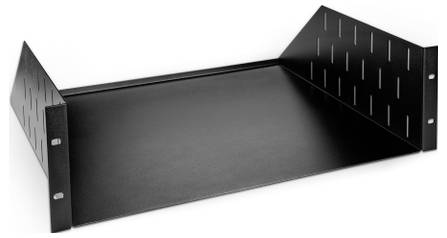 Étagère de rack métallique noir avec supports latéraux perforés pour montage d'équipements dans un rack serveur ou audio.