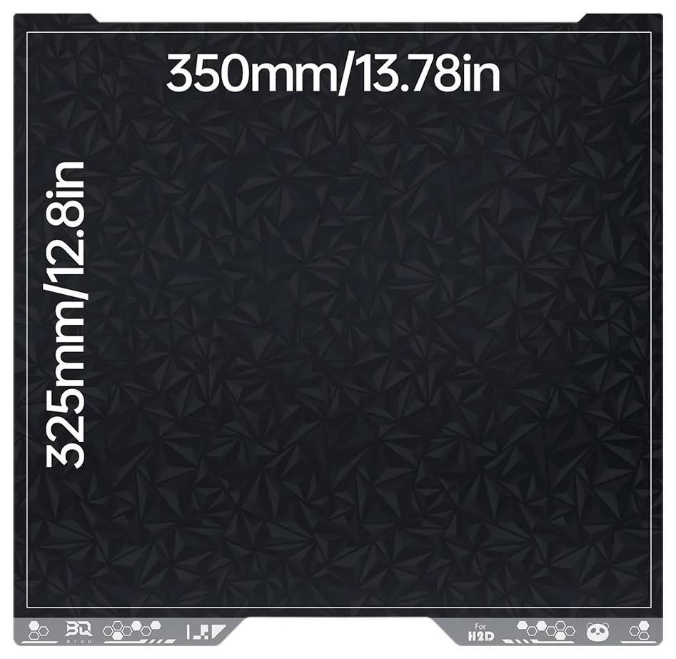 Panneau ou tapis rectangulaire texturé noir, étiqueté 350 mm/13,78 po de largeur et 325 mm/12,8 po de hauteur, avec de petites marques d'alignement le long du bord inférieur.