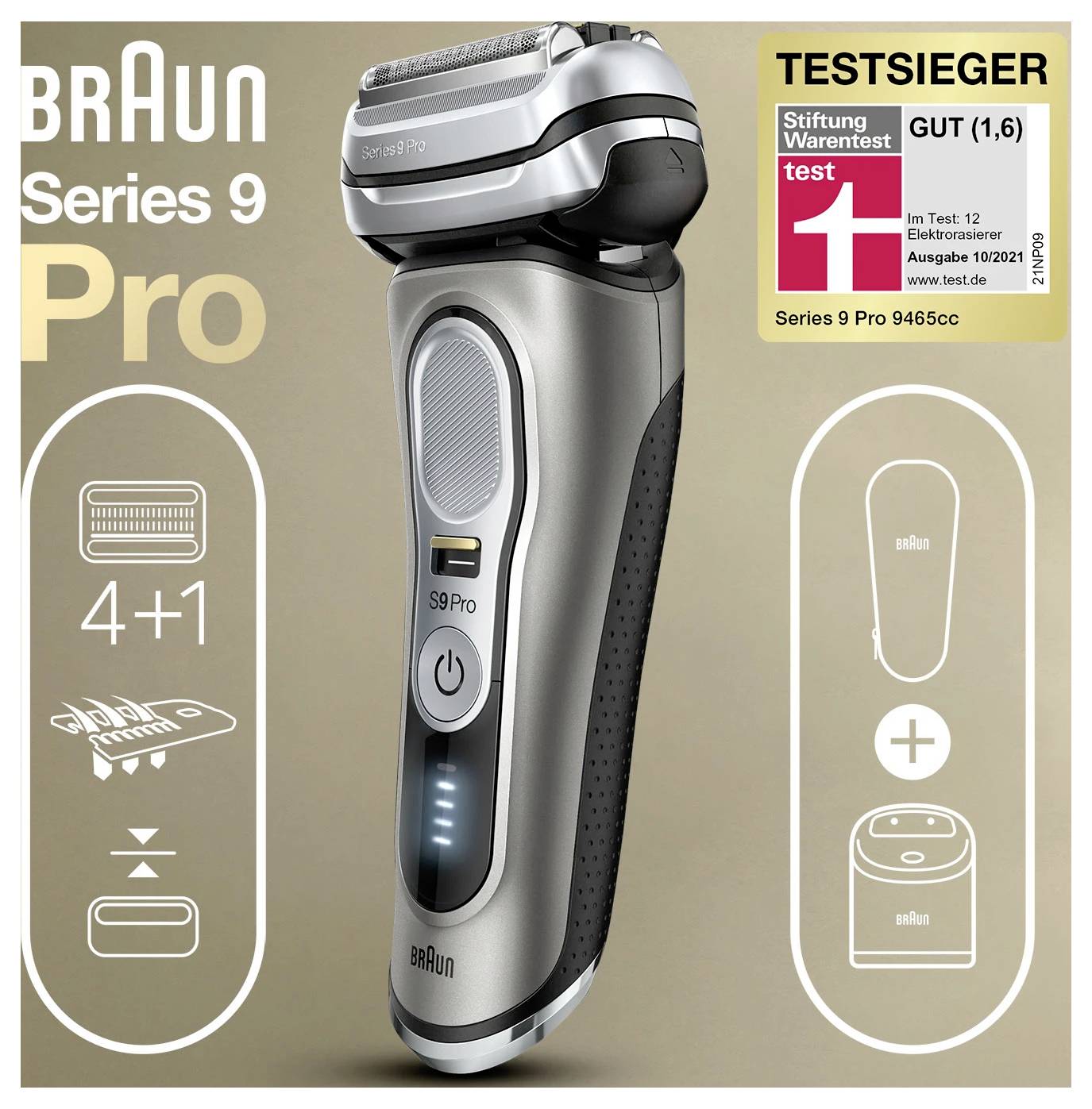 Rasoir électrique Braun Series 9 Pro centré sur un fond beige, avec un badge d'award « Testsieger GUT (1,6) » et des icônes montrant 4+1 éléments de rasage.