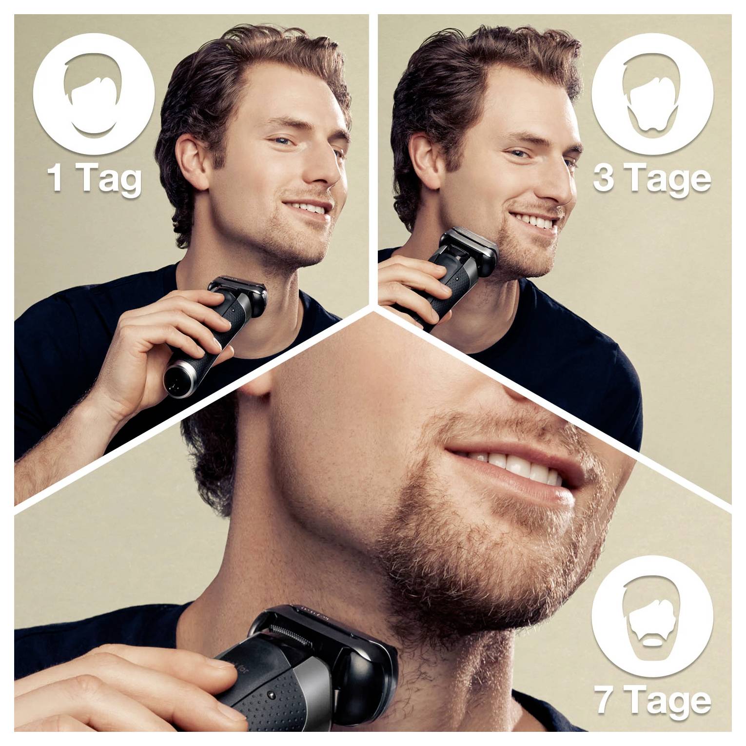 Annonce en trois panneaux montrant un homme se rasant avec un rasoir électrique, étiquetée « 1 jour », « 3 jours » et « 7 jours » pour suggérer une longueur de barbe croissante ou des résultats de rasage au fil du temps.