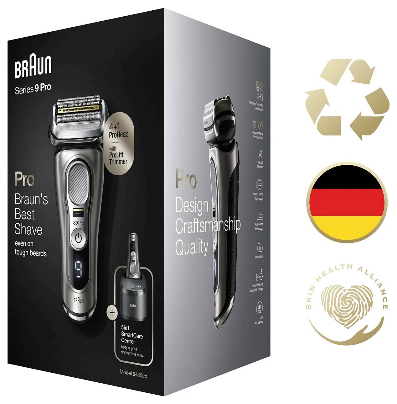 Rasoir électrique Braun Series 9 Pro présenté avec des images de produits, texte « 4+1 ProHead avec ProLift Trimmer », ainsi que logos de recyclage, Allemagne et Alliance Santé Cutanée.