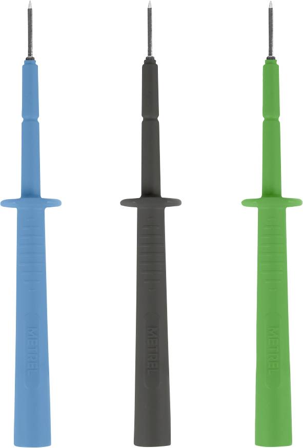 Trois sondes de test isolées avec aiguilles, de couleur bleue, noire et verte, disposées verticalement sur un fond blanc.