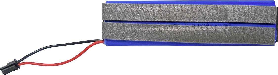 Des fils noirs et rouges connectés à un pack de batterie rectangulaire bleu avec un connecteur noir sur la gauche.