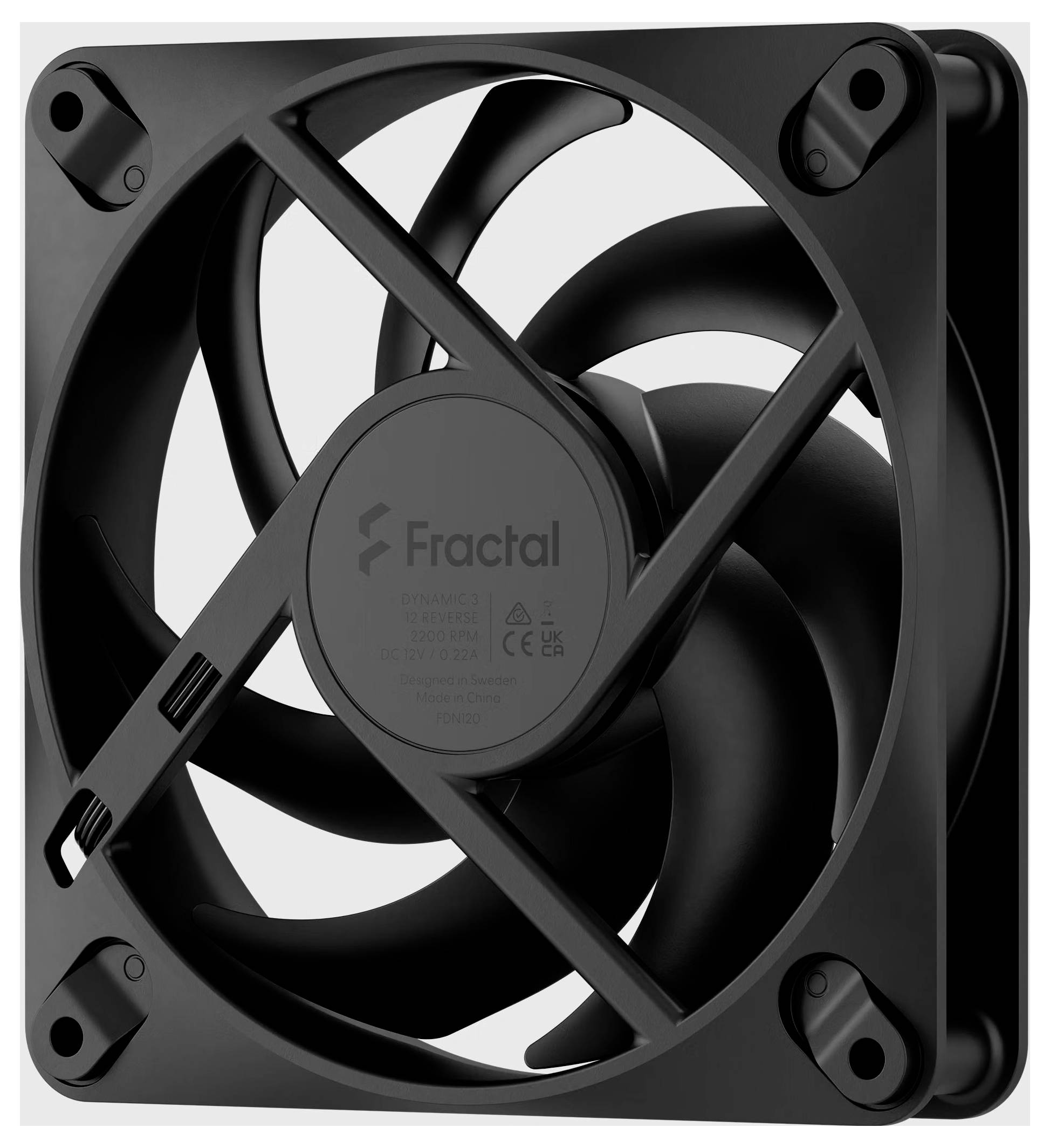 Ventilateur de refroidissement Fractal noir avec quatre fixations d'angle et un moyeu central, présenté en vue de face sur un fond blanc.