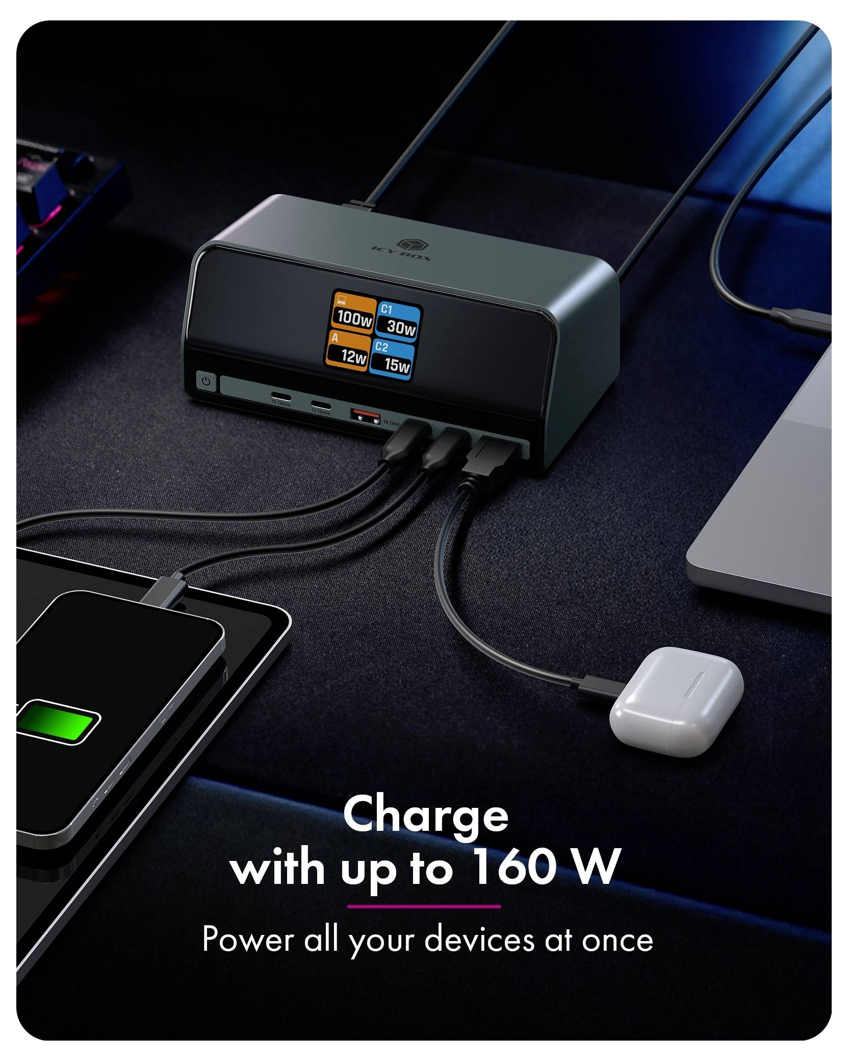 Concentrateur de charge de bureau alimentant plusieurs appareils, avec un affichage montrant les niveaux de sortie et le texte « Charger avec jusqu'à 160 W » et « Alimentez tous vos appareils à la fois ».
