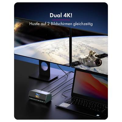 Image marketing d'une configuration double moniteur 4K avec un ordinateur portable et un dock, affichant le texte « Double 4K ! Travaillez simultanément sur 2 écrans ».