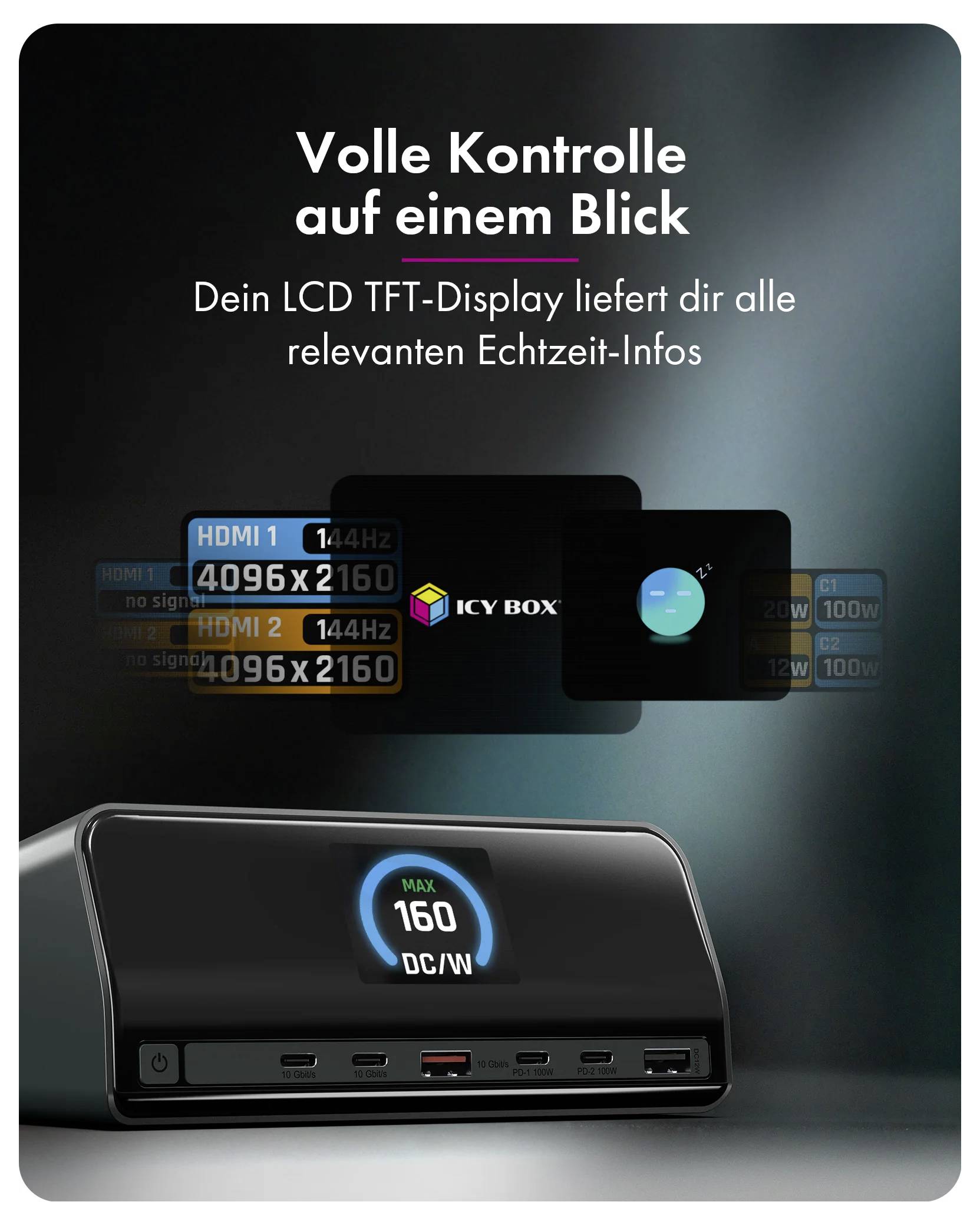 Image promotionnelle d'une station d'accueil alimentant deux moniteurs 4K et un ordinateur portable ; le texte indique « Double 4K ! Travaillez intensément sur 2 écrans simultanément ».