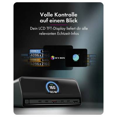 Image promotionnelle d'une station d'accueil alimentant deux moniteurs 4K et un ordinateur portable ; le texte indique « Double 4K ! Travaillez intensément sur 2 écrans simultanément ».