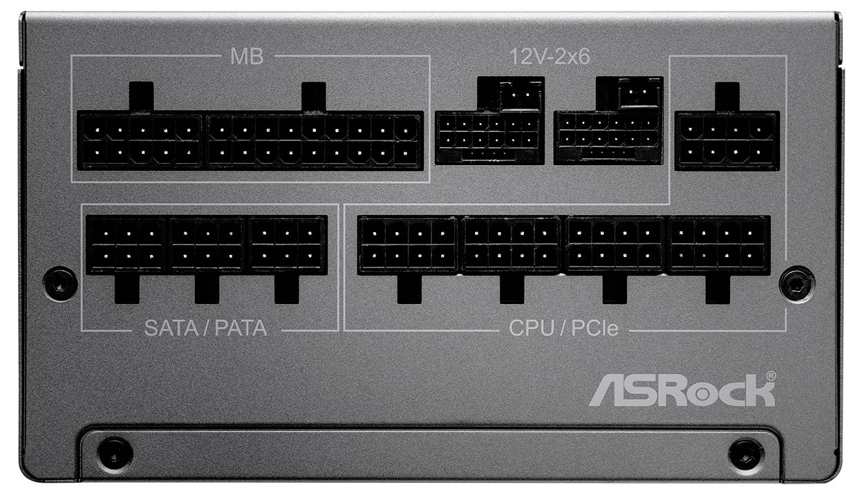 Panneau d'alimentation modulaire ASRock avec ports étiquetés pour MB, SATA/PATA, CPU/PCIe et connexions de câbles 12V-2x6.