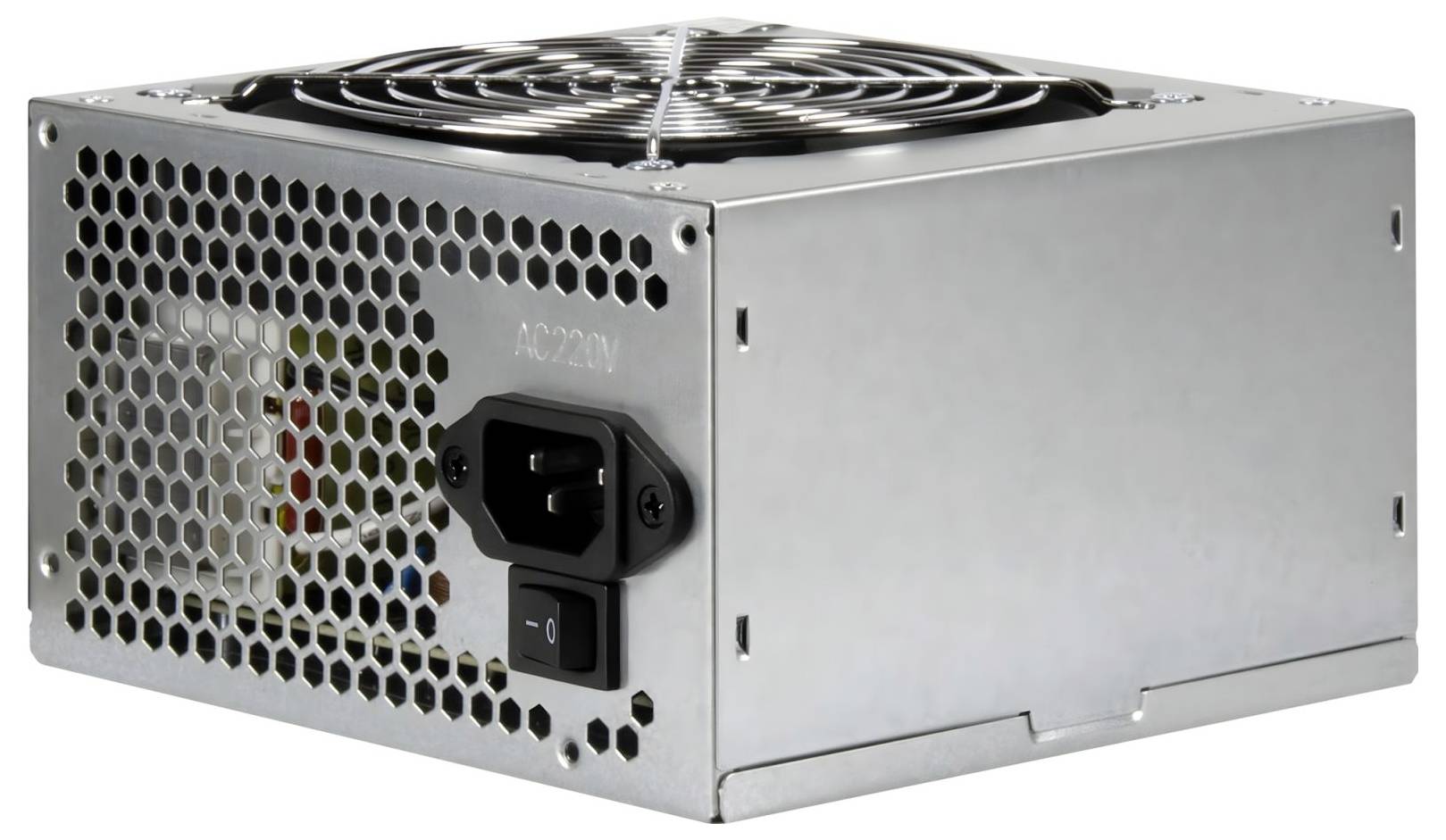 Unité d'alimentation électrique pour ordinateur en métal avec ventilateur de refroidissement, grille d'aération et interrupteur d'entrée d'alimentation sur le panneau arrière.