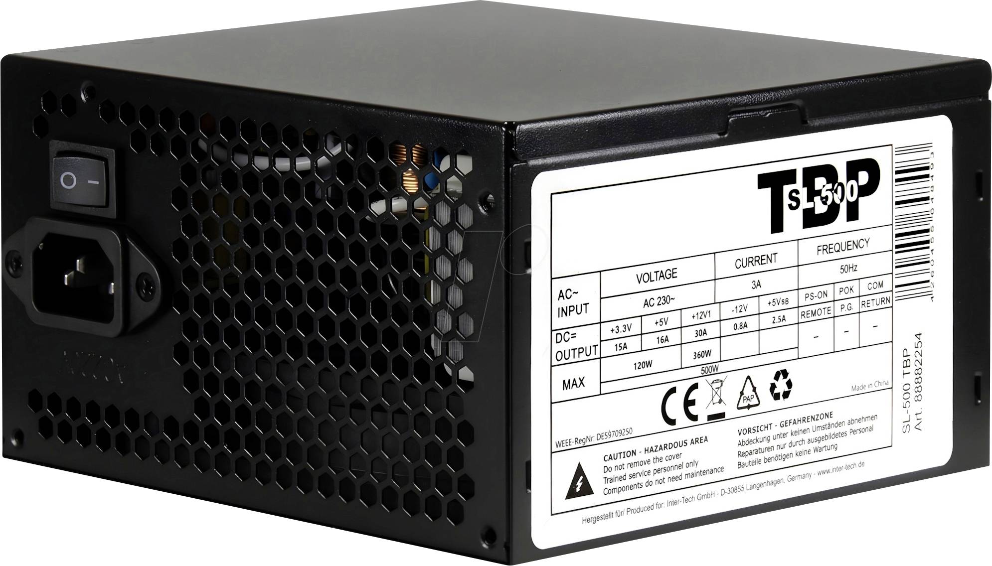 Unité d'alimentation électrique pour ordinateur noir avec interrupteur marche/arrêt, prise d'entrée CA, grille de refroidissement et étiquette latérale affichant les spécifications techniques.