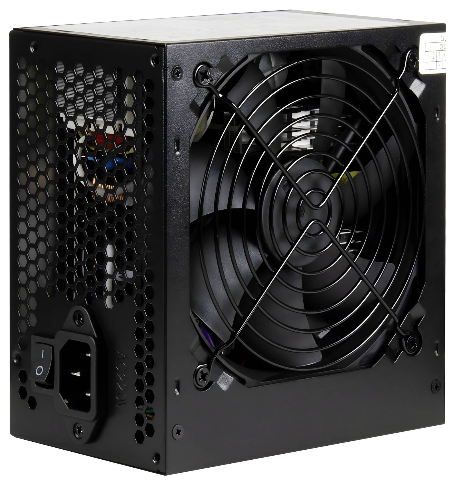 Unité d'alimentation électrique pour ordinateur de couleur noire avec grand ventilateur de refroidissement, grille de ventilation en nid d'abeille et interrupteur marche/arrêt sur le panneau arrière.