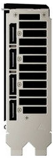 Gros plan d'un support de carte d'extension informatique en métal avec quatre ports de type DisplayPort empilés verticalement.