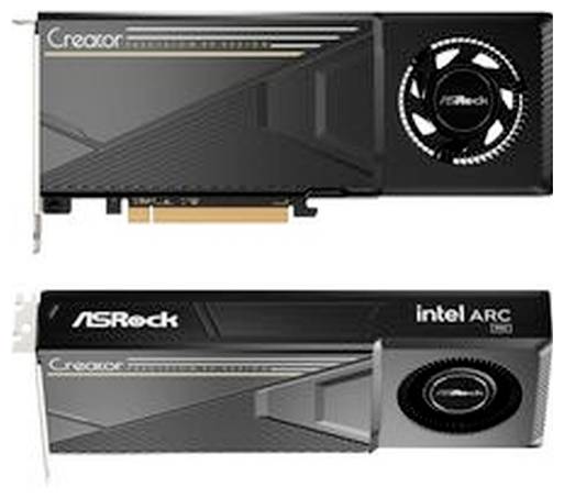 Deux cartes graphiques ASRock Intel Arc présentées côte à côte, l'une avec le ventilateur à droite et l'autre avec le ventilateur à gauche.
