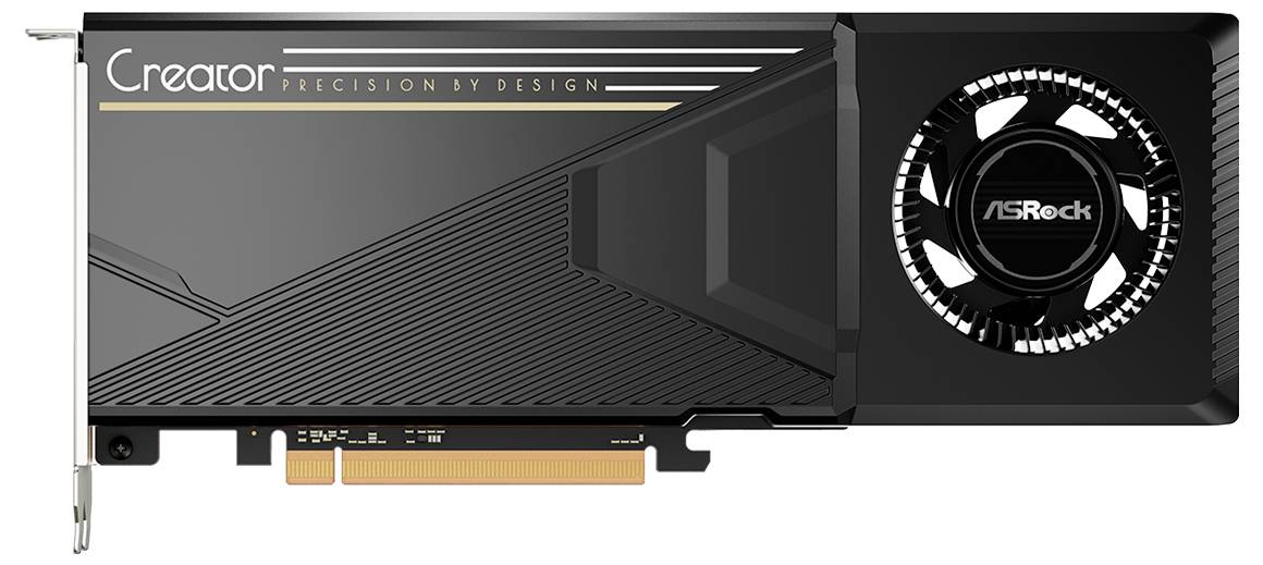 Carte graphique noire ASRock Creator avec un ventilateur de refroidissement unique et le logo « Creator Precision by Design » sur le carter, présentée sur un fond blanc.