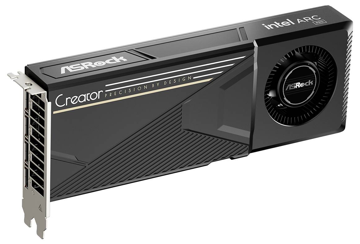 Carte graphique ASRock Creator avec radiateur de refroidissement noir et ventilateur, présentée sur un fond blanc.