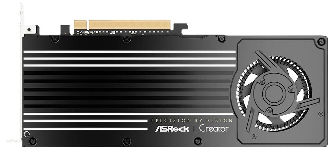 Carte graphique ASRock Intel Arc Creator présentée sur un fond blanc, avec ventilateur de refroidissement et ports d'affichage visibles.