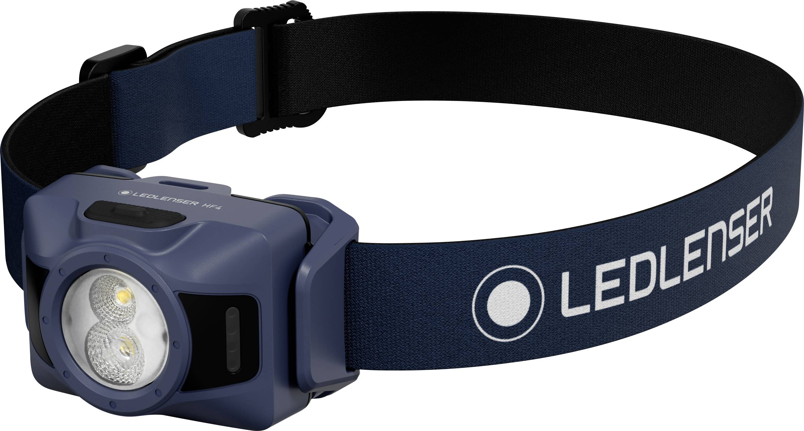 Lampe frontale LEDLENSER bleue avec sangle noire ajustable et lentille de lumière frontale, présentée sur fond blanc.