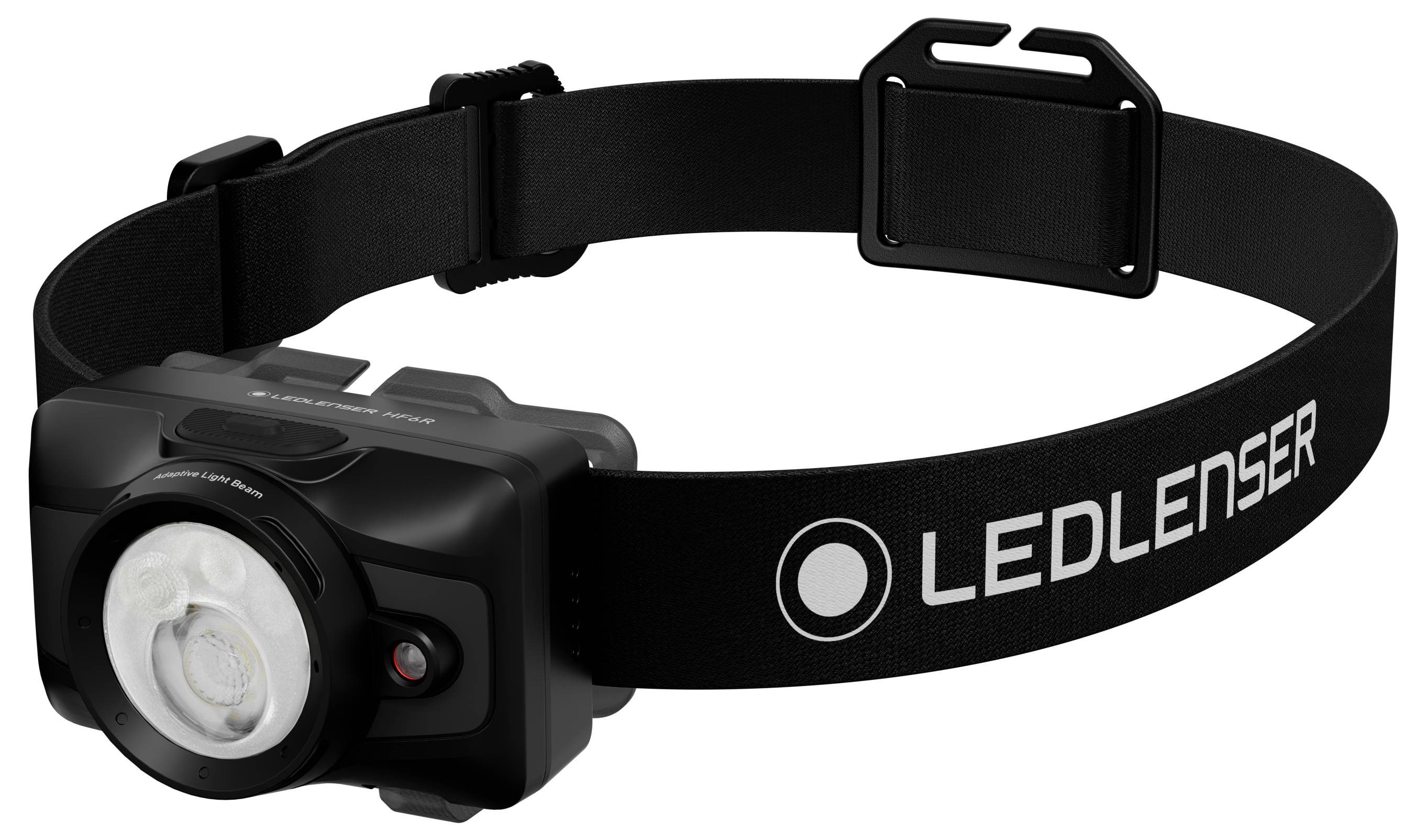 Lampe frontale LED Lenser noire avec serre-tête élastique ajustable et éclairage frontal, présentée sur un fond blanc.
